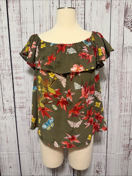 Anthropologie Tops - Maeve by Anthropologie Olive Cold-Shoulder Floral & Butterfly Ruffle Top